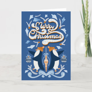 Merry Christmas cute penguins with baubles Holiday Card