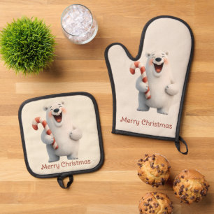 Merry Christmas Cute Polar Bear Design Oven Mitt & Pot Holder Set