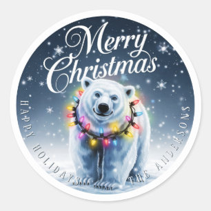 Merry Christmas Cute Polar Bear & Snow Custom Clas Classic Round Sticker