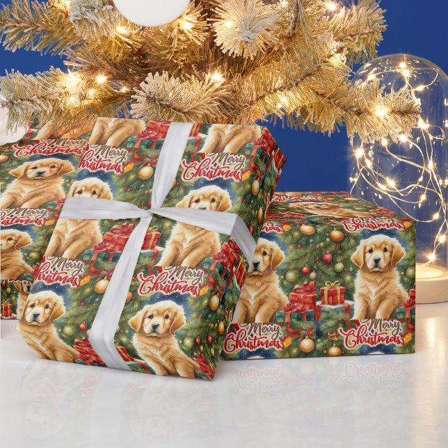 Merry Christmas Cute Puppy and Christmas Tree  Wrapping Paper (Holidays)