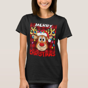 Merry Christmas Cute Reindeer Buffalo Plaid Lights T-Shirt