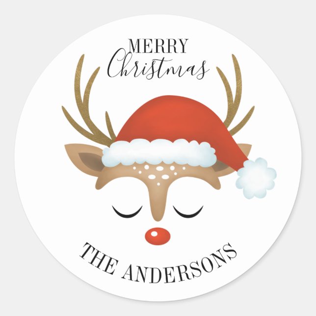 Merry Christmas Cute Reindeer Classic Round Sticker (Front)
