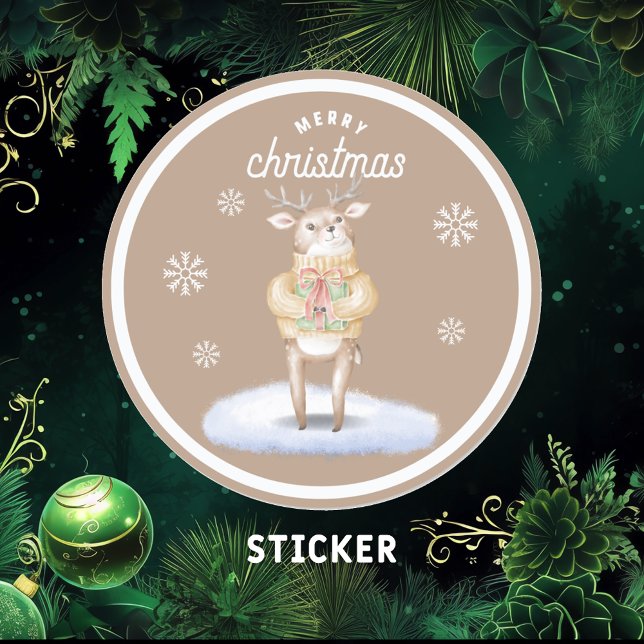 Merry Christmas Cute Reindeer Classic Round Sticker (Creator Uploaded)