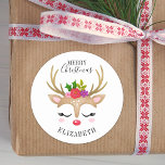 Merry Christmas Cute Reindeer Face Classic Round Sticker<br><div class="desc">A cute reindeer face decorates this sticker with the words Merry Christmas. Fun for decorating your girl's Christmas gifts. Personalise it with the name of your choice. Designed for you by Blackberry Boulevard.</div>