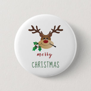 Merry Christmas Cute Reindeer Mistletoe Red Green 6 Cm Round Badge