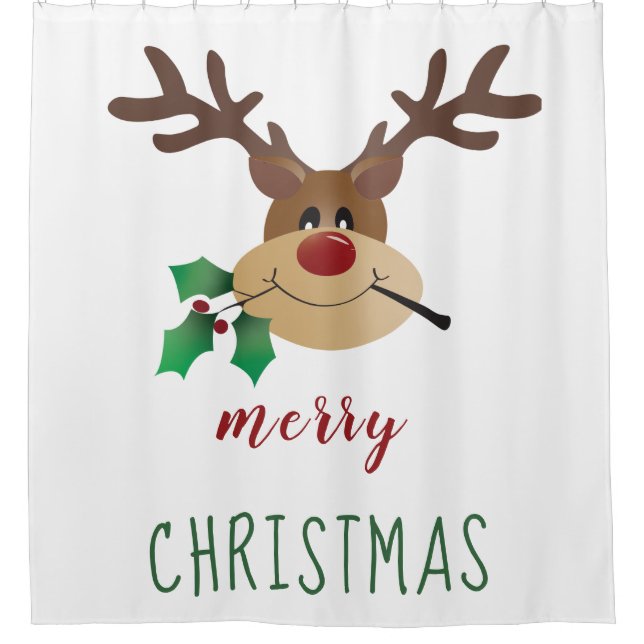 Merry Christmas Cute Reindeer Mistletoe Red Green Shower Curtain (Front)