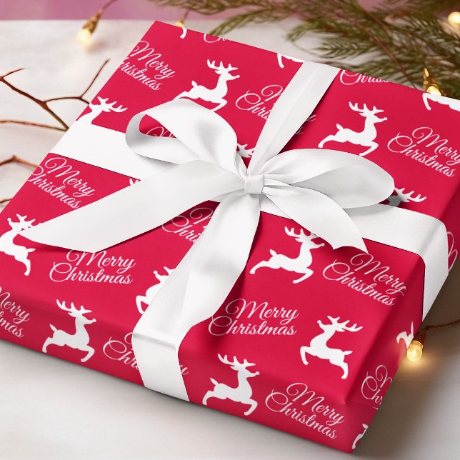 Merry Christmas Cute Reindeer Modern Red Holidays Wrapping Paper (Creator Uploaded)