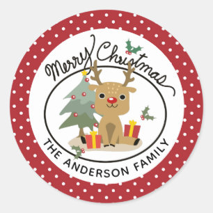 Merry Christmas Cute Reindeer Personalised Name Classic Round Sticker