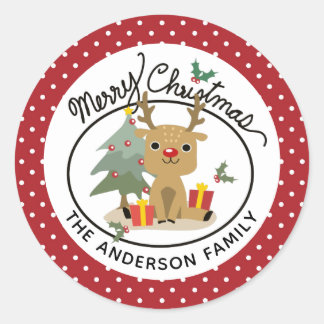 Merry Christmas Cute Reindeer Personalised Name Classic Round Sticker