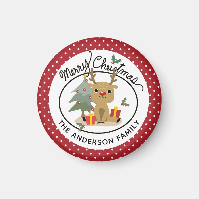 Merry Christmas Cute Reindeer Personalized Name Magnet (Front)