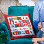 Merry Christmas Cute Retro Winter Christmas Icons Cushion<br><div class="desc">Merry Christmas Cute Retro Winter Christmas Icons Christmas Throw Pillows Cushions features the text "Merry Christmas" in modern red script typography accented with Christmas icons such as reindeer,  tree,  stocking,  bell,  snowman,  gift,  wreath,  holly,  star,  candy cane,  gingerbread,  angel and more. Designed by Evco Holidays www.zazzzle.com/store/evcoholidays</div>