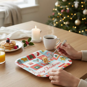 Merry Christmas Cute Retro Winter Christmas Icons Paper Plate