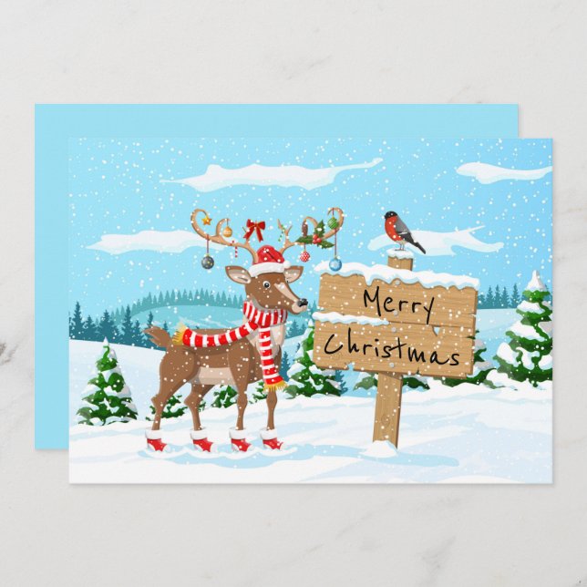Merry Christmas Cute Rudolph and Bird Holiday Card (Front/Back)