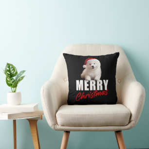 Merry Christmas Cute Samoyed Puppy with Santa Hat Cushion