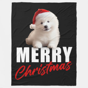 Merry Christmas Cute Samoyed Puppy with Santa Hat Fleece Blanket