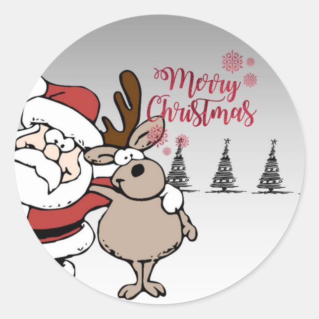 Merry Christmas,Cute Santa Claus Reindeer Classic Round Sticker (Front)