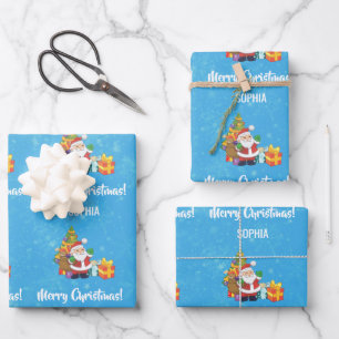 Merry Christmas Cute Santa Personalize Name Blue Wrapping Paper Sheet