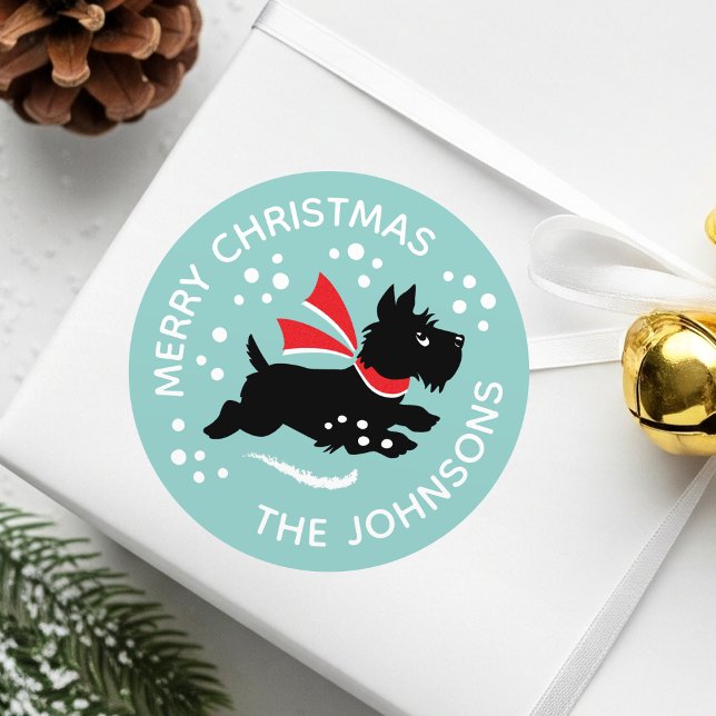 Merry Christmas Cute Scottie Dog Name Mint Classic Round Sticker (Creator Uploaded)