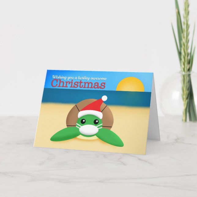 Merry Christmas Cute Sea Turtle in Face Mask Holiday Card (Front)