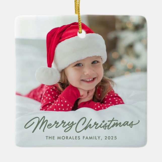 Merry Christmas cute simple green one photo Ceramic Ornament (Front)