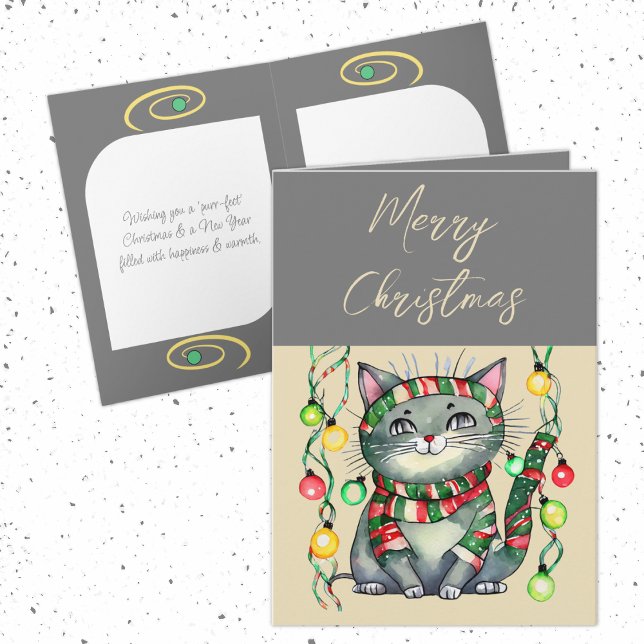 Merry Christmas cute smiling cat baubles grey Holiday Card (Creator Uploaded)