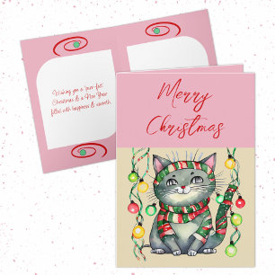 Merry Christmas cute smiling cat baubles pink Holiday Card