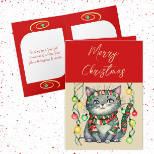 Merry Christmas cute smiling cat baubles red Holiday Card