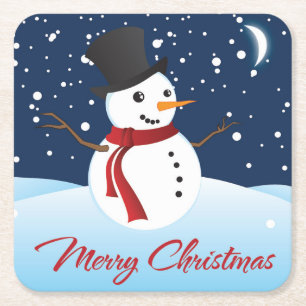 Merry Christmas Cute Snow Man Square Paper Coaster