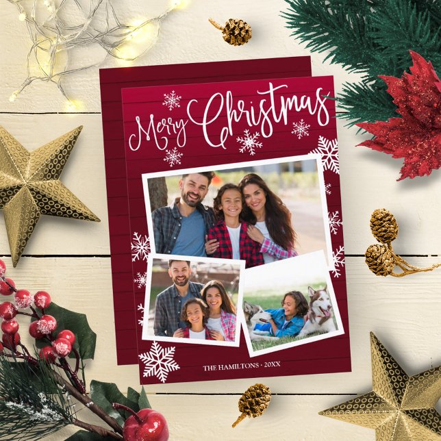 Merry Christmas Cute Snowflake Rustic 3 Photos Invitation (Creator Uploaded)