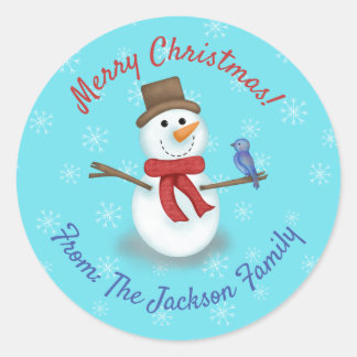 Merry Christmas cute snowman custom text Classic Round Sticker