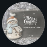 Merry Christmas,Cute Snowman,Snowflakes Classic Round Sticker<br><div class="desc">Cute snowman with Santa hat,  and snowflakes.</div>