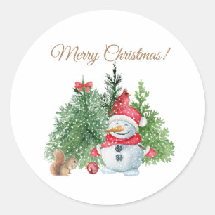 Merry Christmas Cute Snowman, Squirrel, Cardinal Classic Round Sticker
