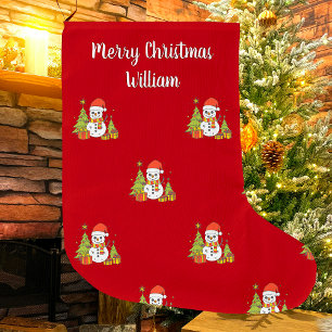 Merry Christmas Cute Snowman Tree Personalised Large Christmas Stocking