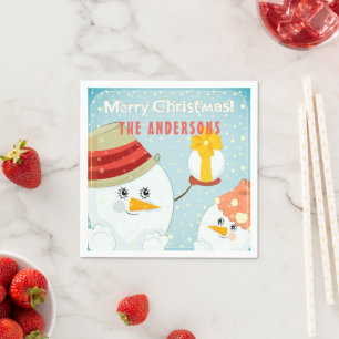 Merry Christmas Cute Snowman Winter Holidays Name Napkin