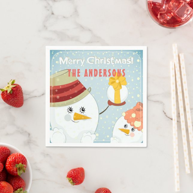 Merry Christmas Cute Snowman Winter Holidays Name Napkin (Insitu)