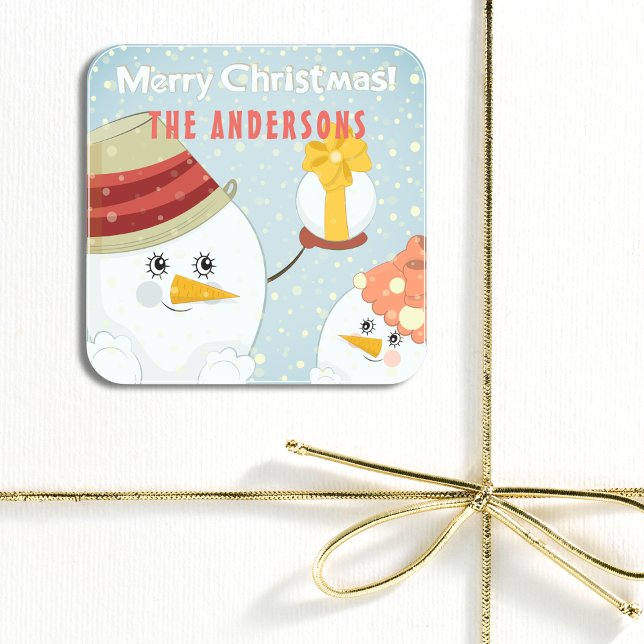 Merry Christmas Cute Snowman Winter Holidays Name Square Sticker (Creator Uploaded)