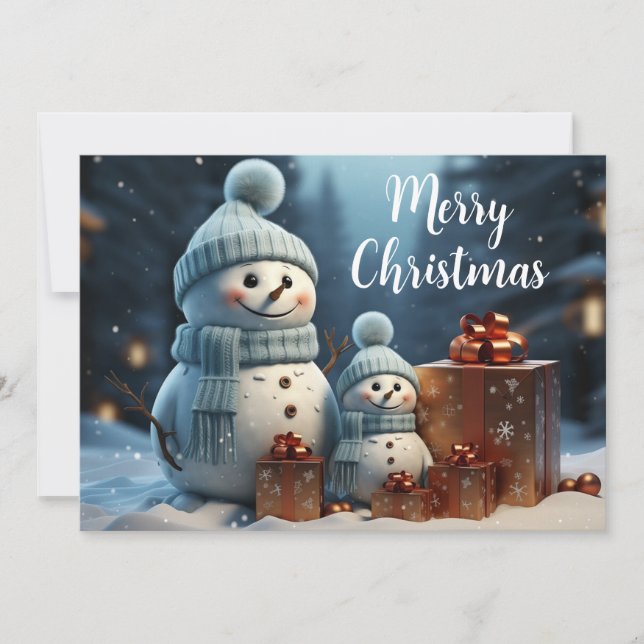 Merry Christmas Cute Snowmen and Gifts Holiday Card (Front)