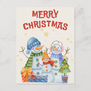 Merry Christmas Cute Snowmen Family  Holiday Postcard