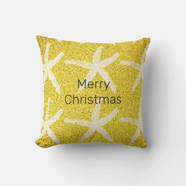 Merry Christmas Cute Starfish Gold Yellow Glittery Cushion (Front)