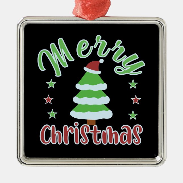 Merry Christmas, cute tree with Santa hat Metal Tree Decoration (Front)