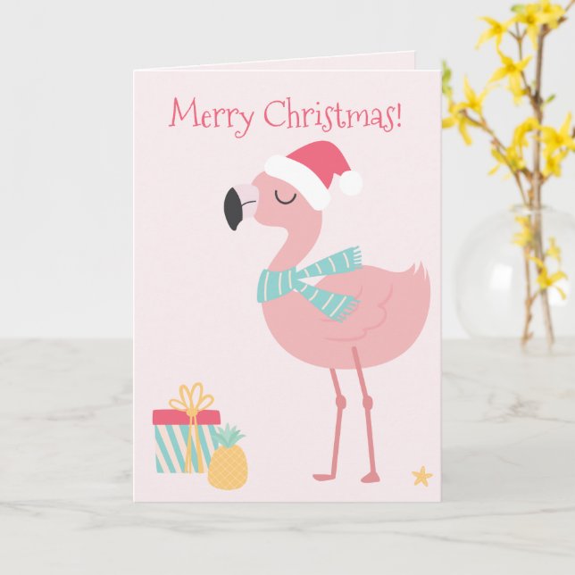 Merry Christmas! Cute Tropical Santa Flamingo Card (Yellow Flower)