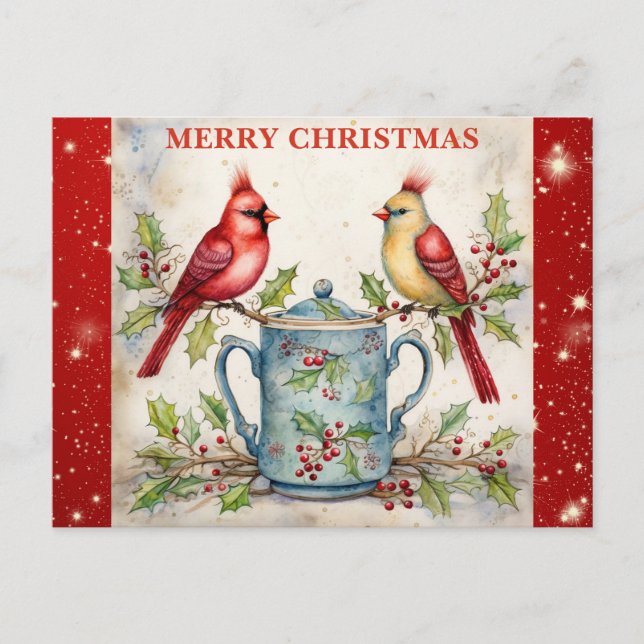 Merry Christmas Cute Watercolor Cardinal Postcard (Front)