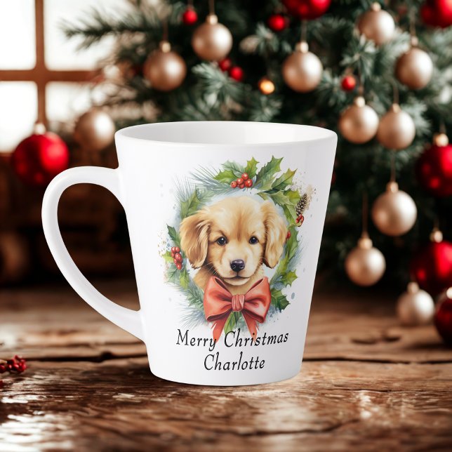 Merry Christmas Cute Watercolor Puppy Dog Name Latte Mug (Creator Uploaded)