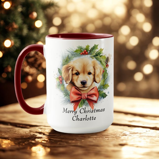 Merry Christmas Cute Watercolor Puppy Dog Name Mug (Creator Uploaded)
