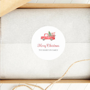 Merry Christmas Cute Watercolor Red Truck Classic Round Sticker