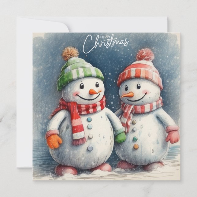 Merry Christmas Cute Watercolor Snowmen  Holiday Card (Front)