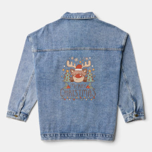 Merry Christmas Cute Whimsical Festive Reindeer Denim Jacket