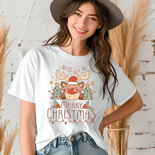 Merry Christmas Cute Whimsical Festive Reindeer Tri-Blend Shirt