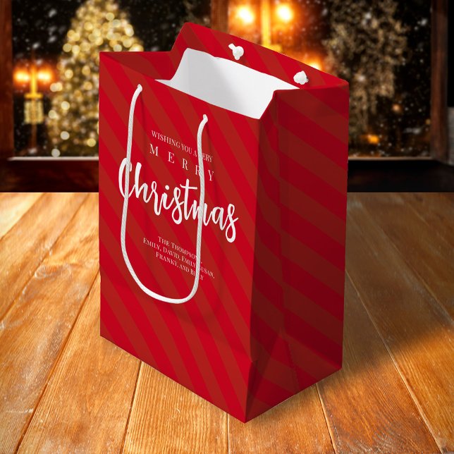 Merry Christmas Cute Whimsical Red Striped Fun Medium Gift Bag (Merry Christmas holiday white calligraphy script striped gift bag.)