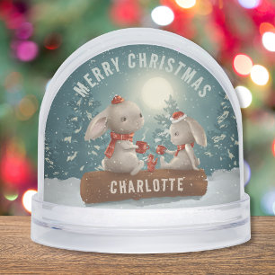 Merry Christmas Cute Winter Rabbits Personalised Snowglobe